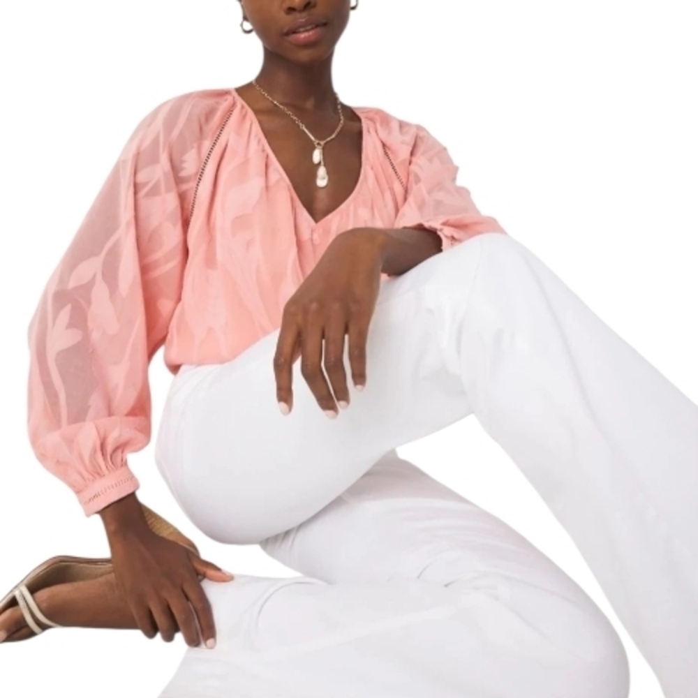 WHITE HOUSE BLACK MARKET Elegant Chic Peach Blouse with Sheer Sleeves Women's Lg - Picture 2 of 9